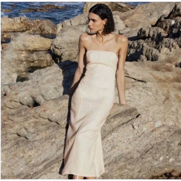 Zara Size XL Strapless Midi Sheath Dress Back Slit Textured Cream New 6929/311 - Picture 1 of 12